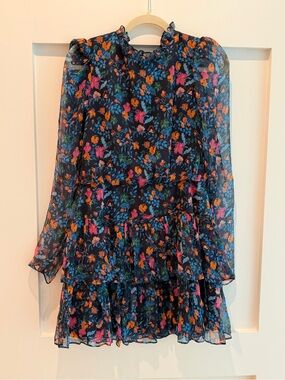 SALONI Floral Mini Dress in Navy with Pink & Orange Accents